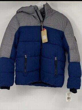 New! Kids Hooded Navy and Gray Puffer Jacket 10/12 Khols